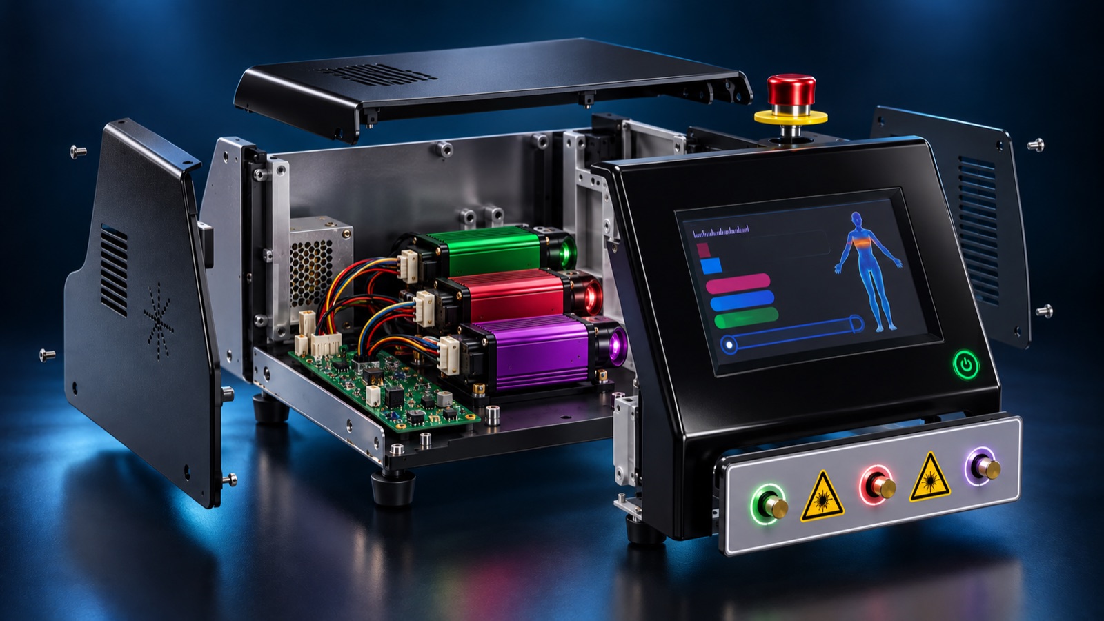 Vista conceptual del interior de Softlaser: componentes, pantalla y controles
