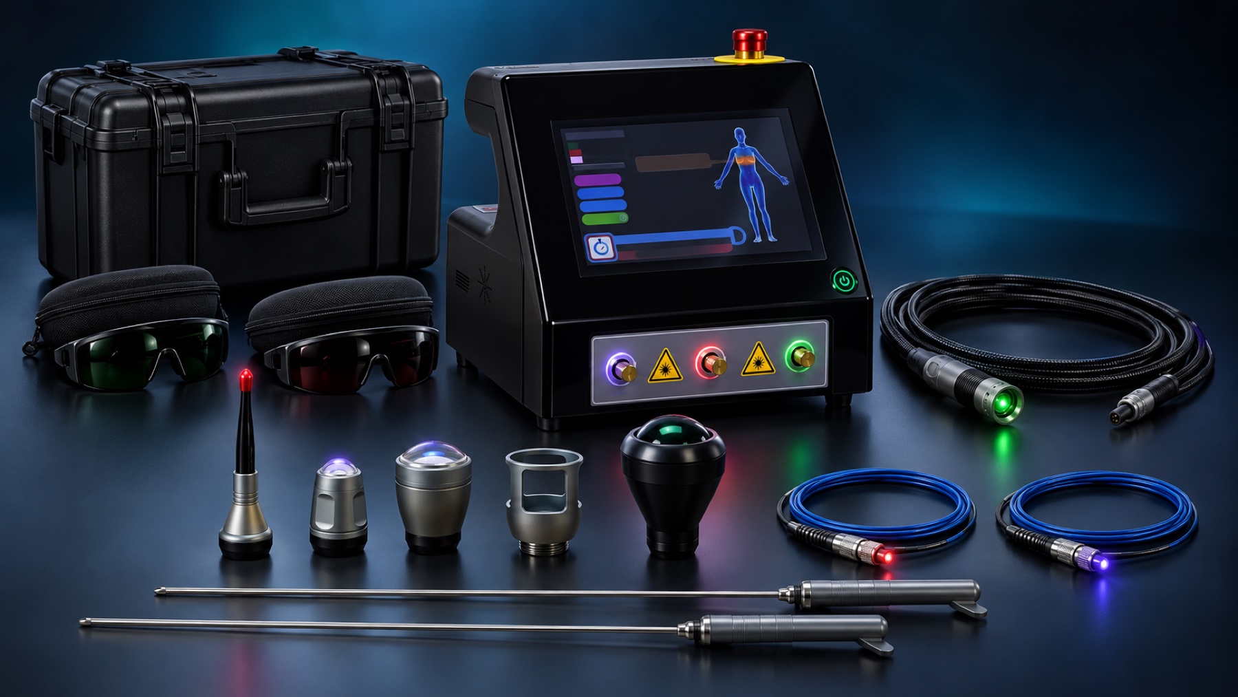 Equipo Softlaser con maletín, cinco cabezales, pieza de mano externa y accesorios